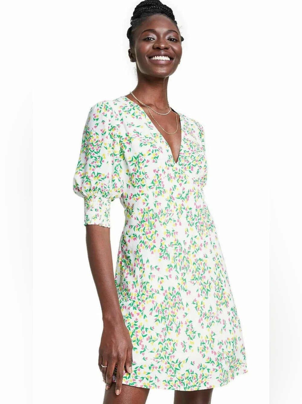 RIXO Puff Sleeve V-Neck Floral Swing Dress Womens Size 6 - NWOT
